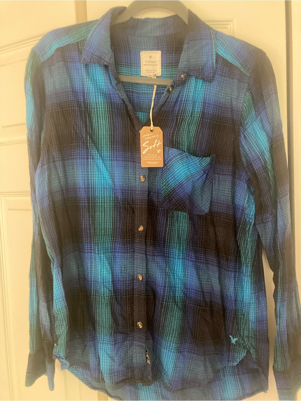 American Eagle Outfitters Blue & Black Plaid Button-Down Shirt
